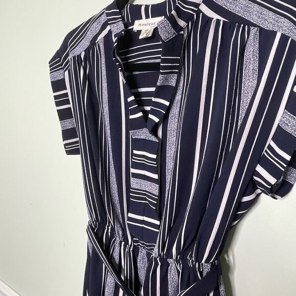 Monteau Belt A-Line Dress Striped Short Coastal Nautical Country Club Blue S - Picture 9 of 12